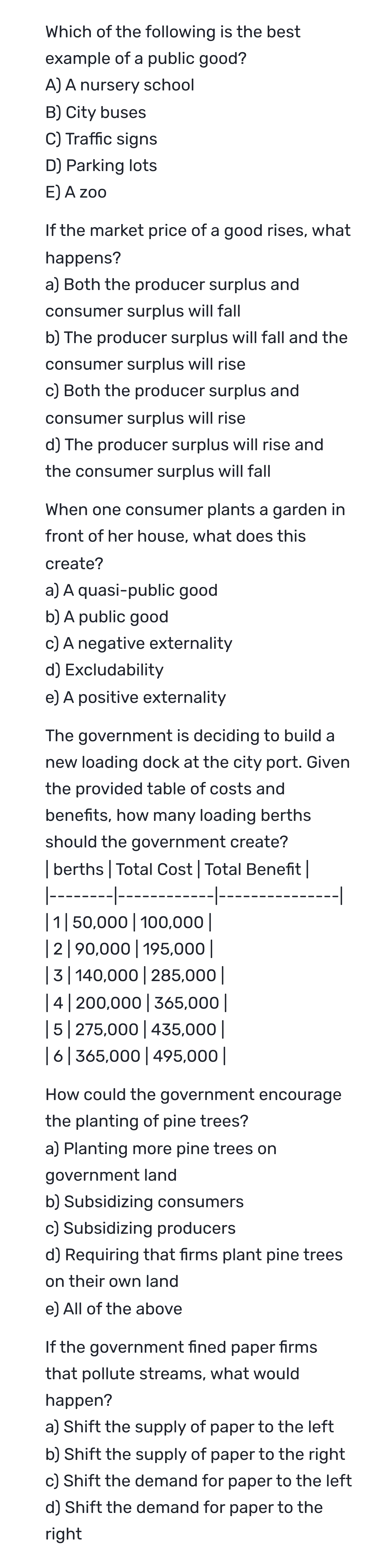 Which of the following is the best example of a public good?  
A) A nursery school  
B) City buses  
C) Traffic signs  
D) Parking lots  
E) A zoo  

2. If the market price of a good rises, what happens?  
a) Both the producer surplus and consumer surplus will fall  
b) The producer surplus will fall and the consumer surplus will rise  
c) Both the producer surplus and consumer surplus will rise  
d) The producer surplus will rise and the consumer surplus will fall  

3. When one consumer plants a garden in front of her house, what does this create?  
a) A quasi-public good  
b) A public good  
c) A negative externality  
d) Excludability  
e) A positive externality  

4. The government is deciding to build a new loading dock at the city port. Given the provided table of costs and benefits, how many loading berths should the government create?  
| berths | Total Cost | Total Benefit |  
|--------|------------|---------------|  
| 1      | 50,000     | 100,000       |  
| 2      | 90,000     | 195,000       |  
| 3      | 140,000    | 285,000       |  
| 4      | 200,000    | 365,000       |  
| 5      | 275,000    | 435,000       |  
| 6      | 365,000    | 495,000       |  

5. How could the government encourage the planting of pine trees?  
a) Planting more pine trees on government land  
b) Subsidizing consumers  
c) Subsidizing producers  
d) Requiring that firms plant pine trees on their own land  
e) All of the above  

6. If the government fined paper firms that pollute streams, what would happen?  
a) Shift the supply of paper to the left  
b) Shift the supply of paper to the right  
c) Shift the demand for paper to the left  
d) Shift the demand for paper to the right