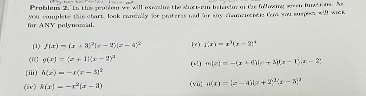 Problem 2. In this problem we will examine the short-run behavior of the following seven functions. As 
you complete this chart, look carefully for patterns and for any characteristic that you suspect will work 
for ANY polynomial. 
(i) f(x)=(x+3)^2(x-2)(x-4)^2 (v) j(x)=x^3(x-2)^4
(ii) g(x)=(x+1)(x-2)^3 (vi) m(x)=-(x+6)(x+3)(x-1)(x-2)
(iii) h(x)=-x(x-3)^2
(iv) k(x)=-x^2(x-3) (vii) n(x)=(x-4)(x+2)^2(x-3)^3