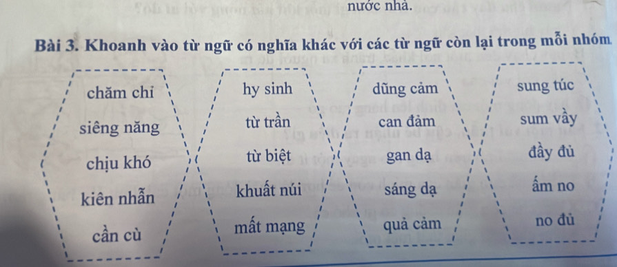 nước nhà. 
Bài 3. Khoanh vào từ ngữ có nghĩa khác với các từ ngữ còn lại trong mỗi nhóm 
chăm chí hy sinh dũng cảm sung túc 
siêng năng từ trần can đảm sum vầy 
từ biệt đầy đủ 
chịu khó gan dạ 
kiên nhẫn khuất núi sáng dạ 
ấm no 
cần cù mất mạng quả cảm no đù