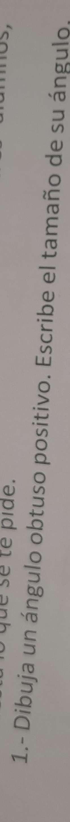 1.- Dibuja un ángulo obtuso positivo. Escribe el tamaño de su ángulo.