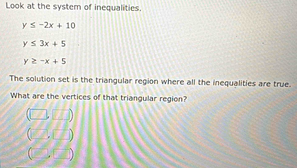 Look at the system of inequalities.
y≤ -2x+10
y≤ 3x+5
y≥ -x+5
The solution set is the triangular region where all the inequalities are true. 
What are the vertices of that triangular region? 
' □ 
□