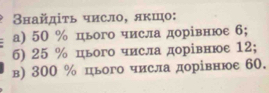 Βнайдіτь число, якшо: 
а) 50 % цього числа дорівнюе 6; 
6) 25 % цього числа дорівнюе 12; 
в) 300 % цього числа дорівнюе 60.