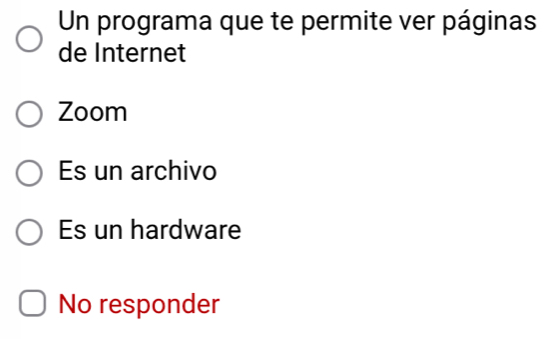 Un programa que te permite ver páginas
de Internet
Zoom
Es un archivo
Es un hardware
No responder