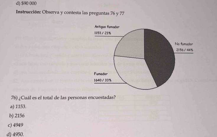 d) $90 000
Instrucción: Observa y contesta las preguntas 76 y 77
76) ¿Cuál es el total de las personas encuestadas?
a) 1153.
b) 2156
c) 4949
d) 4950.