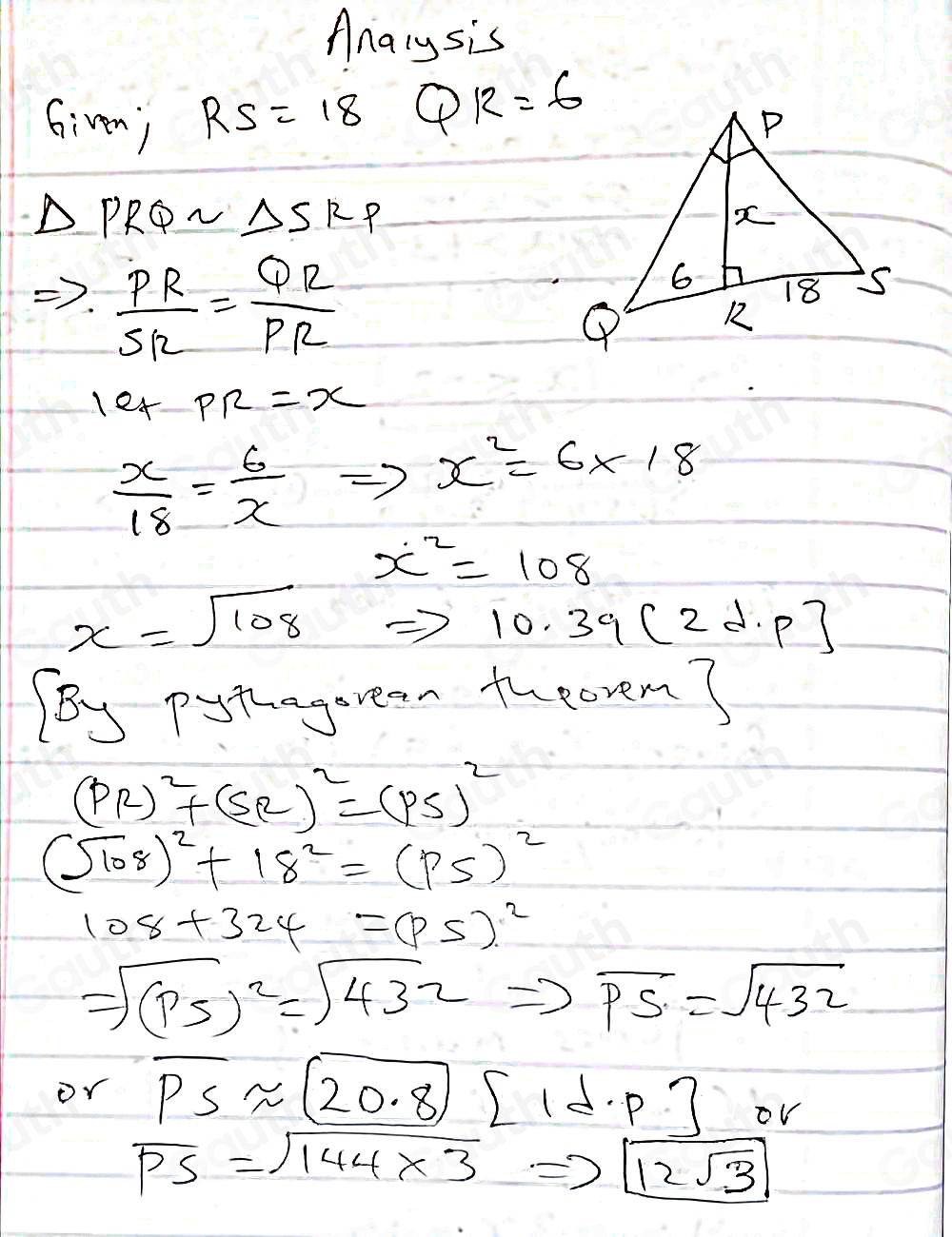 Solved: Given that RS=18 and QR=6 , identify the length of overline PS ...