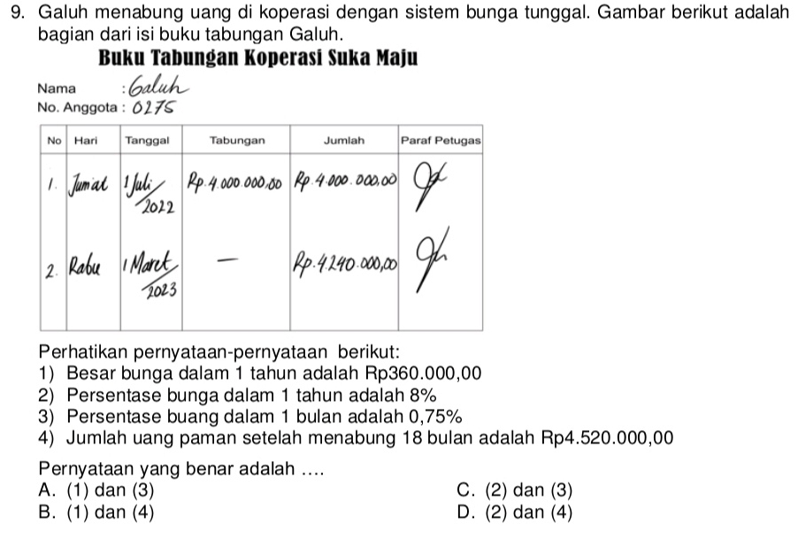 Galuh menabung uang di koperasi dengan sistem bunga tunggal. Gambar berikut adalah
bagian dari isi buku tabungan Galuh.
Buku Tabungan Koperasí Suka Maju
Nama salub
No. Anggota : 0275
Perhatikan pernyataan-pernyataan berikut:
1) Besar bunga dalam 1 tahun adalah Rp360.000,00
2) Persentase bunga dalam 1 tahun adalah 8%
3) Persentase buang dalam 1 bulan adalah 0,75%
4) Jumlah uang paman setelah menabung 18 bulan adalah Rp4.520.000,00
Pernyataan yang benar adalah ....
A. (1) dan (3) C. (2) dan (3)
B. (1) dan (4) D. (2) dan (4)