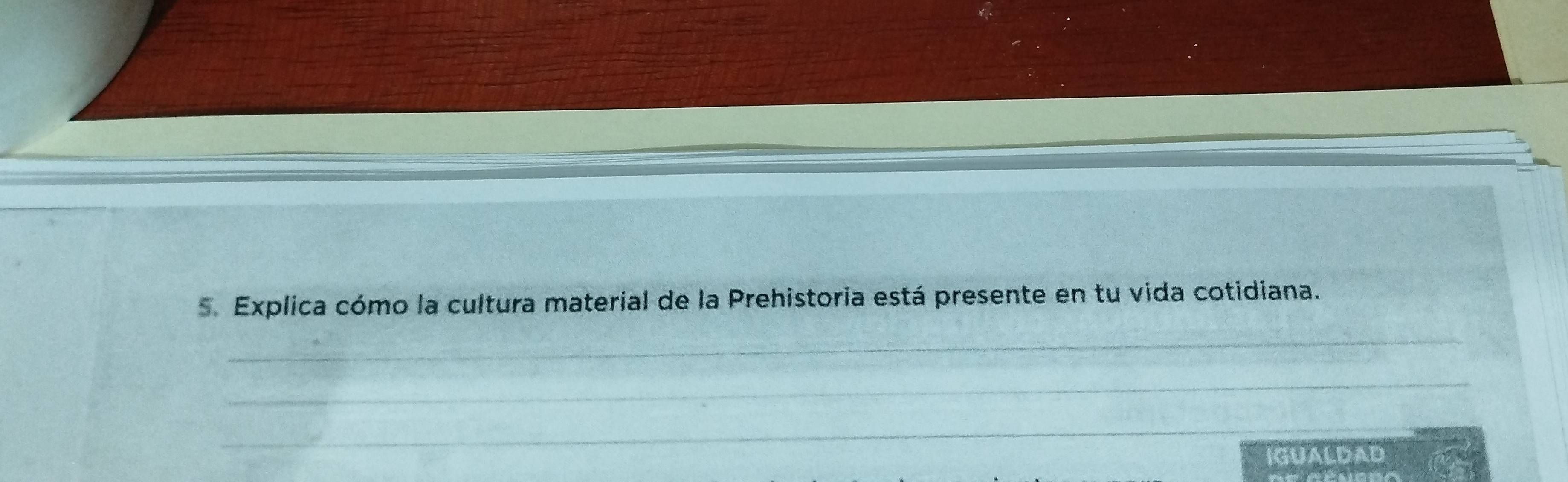 Explica cómo la cultura material de la Prehistoria está presente en tu vida cotidiana. 
_ 
_ 
_ 
IGUALDAD