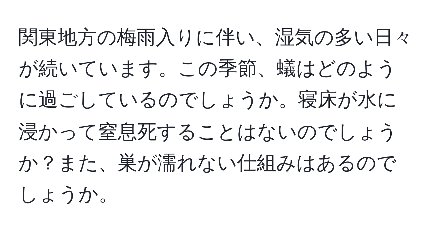 関東地方の梅雨入りに伴い、湿気の多い日々が続いています。この季節、蟻はどのように過ごしているのでしょうか。寝床が水に浸かって窒息死することはないのでしょうか？また、巣が濡れない仕組みはあるのでしょうか。