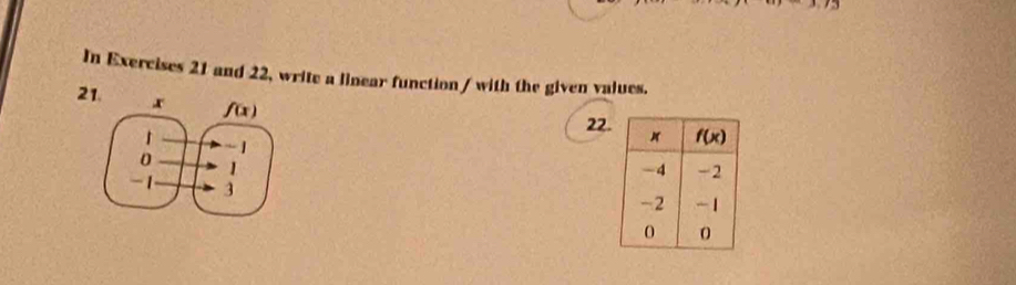 In Exercises 21 and 22, write a linear function / with the given values.
21. 
22