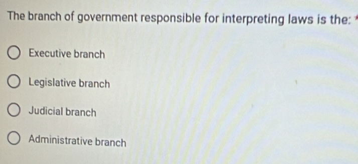 The branch of government responsible for interpreting laws is the:
Executive branch
Legislative branch
Judicial branch
Administrative branch