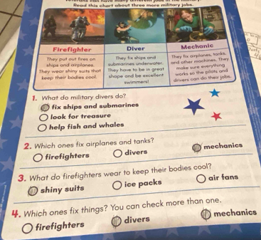 Rea military jobs
1. What do military divers do?
7 fix ships and submarines
look for treasure
help fish and whales
2. Which ones fix airplanes and tanks?
firefighters divers mechanics
3. What do firefighters wear to keep their bodies cool?
0 shiny suits ice packs air fans
4. Which ones fix things? You can check more than one.
mechanics
firefighters divers