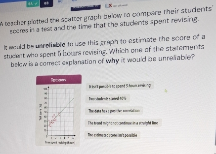 BA √ 68
not allowed
A teacher plotted the scatter graph below to compare their students'
scores in a test and the time that the students spent revising.
It would be unreliable to use this graph to estimate the score of a
student who spent 5 hours revising. Which one of the statements
below is a correct explanation of why it would be unreliable?
Test scores
700 It isn't possible to spend 5 hours revising
90
70 - 80 - Two students scored 40%
The data has a positive correlation
x
30 The trend might not continue in a straight line
20 -
10
C The estimated score isn't possible
4 5 6
Time spent revising (hears)