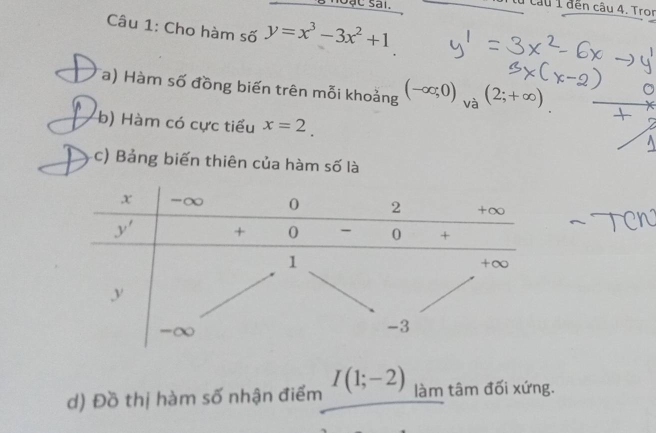 noặc sai.
câu 1 đến câu 4. Tron
Câu 1: Cho hàm số y=x^3-3x^2+1
Ta) Hàm số đồng biến trên mỗi khoảng (-∈fty ;0) và (2;+∈fty )
b) Hàm có cực tiểu x=2.
c) Bảng biến thiên của hàm số là
d) Đồ thị hàm số nhận điểm I(1;-2) làm tâm đối xứng.