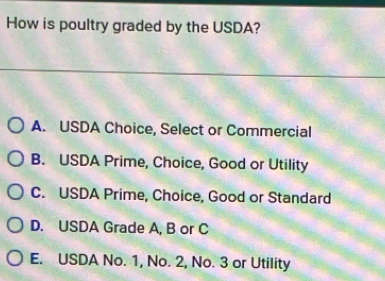 How is poultry graded by the USDA?
A. USDA Choice, Select or Commercial
B. USDA Prime, Choice, Good or Utility
C. USDA Prime, Choice, Good or Standard
D. USDA Grade A, B or C
E. USDA No. 1, No. 2, No. 3 or Utility