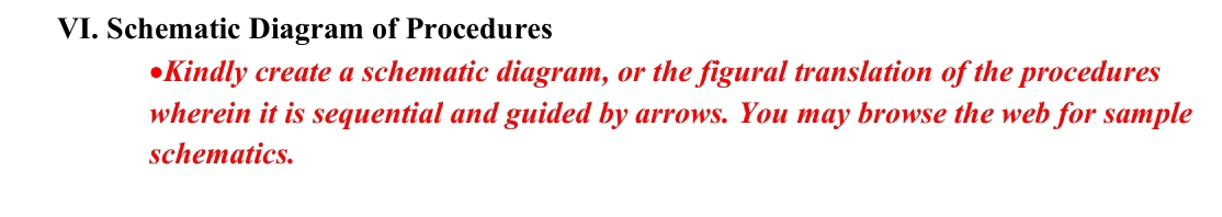 Schematic Diagram of Procedures 
oKindly create a schematic diagram, or the figural translation of the procedures 
wherein it is sequential and guided by arrows. You may browse the web for sample 
schematics.