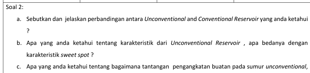 Soal 2: 
a. Sebutkan dan jelaskan perbandingan antara Unconventional and Conventional Reservoir yang anda ketahui 
? 
b. Apa yang anda ketahui tentang karakteristik dari Unconventional Reservoir , apa bedanya dengan 
karakteristik sweet spot ? 
c. Apa yang anda ketahui tentang bagaimana tantangan pengangkatan buatan pada sumur unconventional,