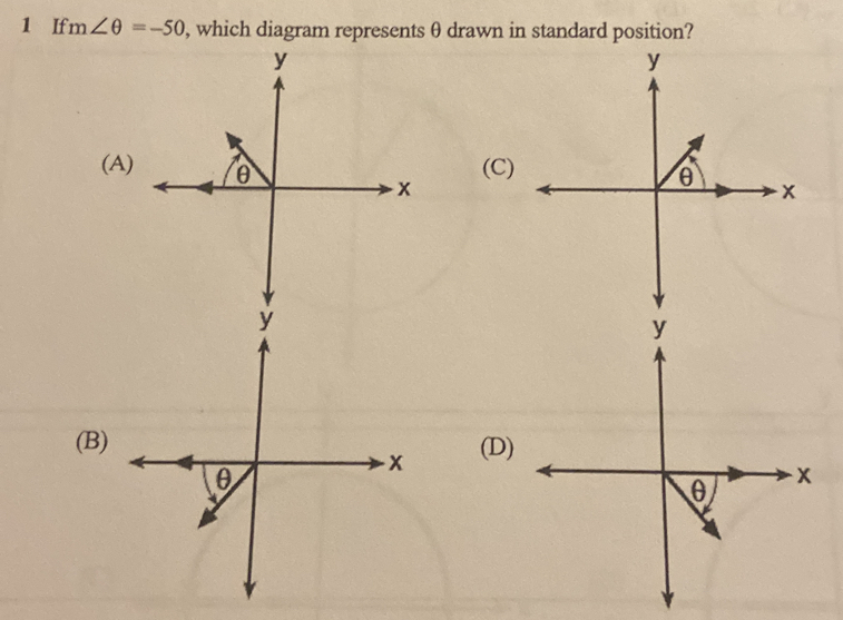 Solved: If m∠ θ =-50 , which diagram represents θ drawn in standard ...