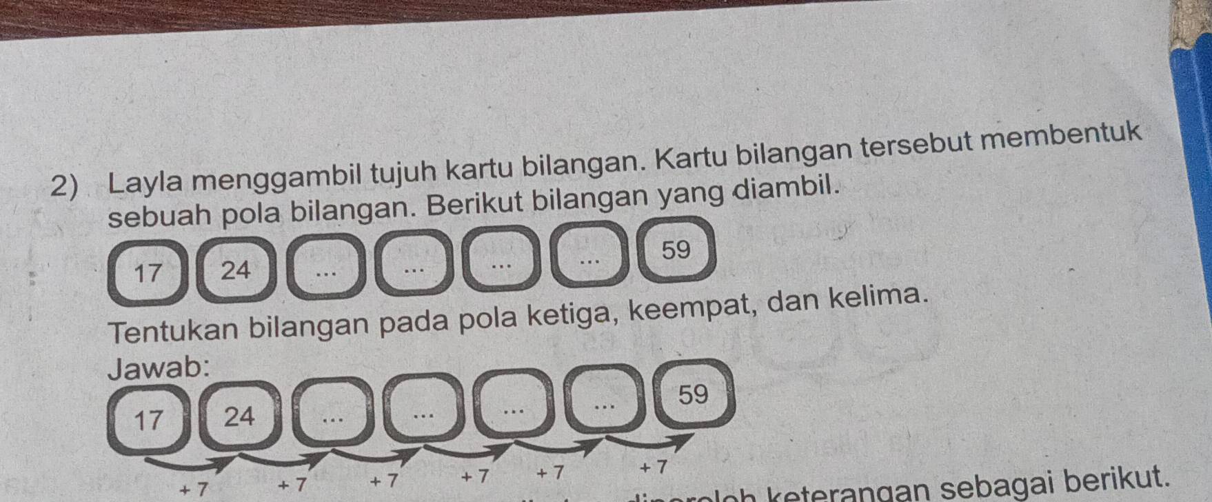 Layla menggambil tujuh kartu bilangan. Kartu bilangan tersebut membentuk 
sebuah pola bilangan. Berikut bilangan yang diambil.
59
17 24
Tentukan bilangan pada pola ketiga, keempat, dan kelima. 
Jawab:
59
17 24
+ 7 + 7 + 7 + 7 + 7 + 7
roloh keterangan sebagai berikut.