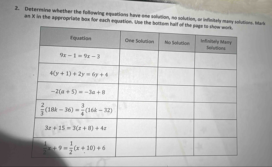 Determine whether the following equations have one solution, no solution, or infinitely many soluti. Mark
an X in the appropriate box for each equation. Use