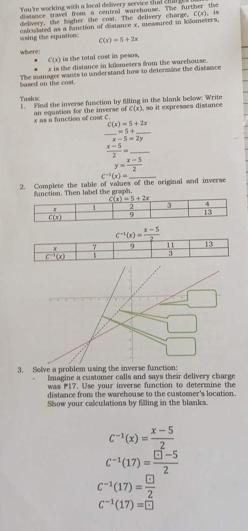 You're working with a local delivery service that charges
distance travel from a central warehouse. The further the
delivery, the higher the cost. The delivery charge, C(x) , is
calculated as a function of distance x, measured in kilometers,
using the equation: C(x)=5+2x
where:
C(x) is the total cost in pesos,
x is the distance in kilometers from the warehouse.
The manager wants to understand how to determine the distance
based on the cost.
Tasks:
1. Find the inverse function by filling in the blank below: Write
an equation for the inverse of C(x) , so it expresses distance
x as a function of cost C.
C(x)=5+2x
_ =5+ _
x-5=2y
 (x-5)/2 = _
y= (x-5)/2 
C^(-1)(x)= _
2. Complete the table of values of the original and inverse
function. Then label the graph.
3. Solve a problem using the inverse function:
Imagine a customer calls and says their delivery charge
was P17. Use your inverse function to determine the
distance from the warehouse to the customer’s location.
Show your calculations by filling in the blanks.
C^(-1)(x)= (x-5)/2 
C^(-1)(17)= (□ -5)/2 
C^(-1)(17)= □ /2 
C^(-1)(17)=□