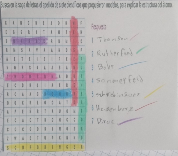 Busca en la sopa de letras el apellido de siete científicos que propusieron modelos, para explicar la estructura del átomo. 
Cespuesta 
[ 
B 
R 
A 
N 
2 
s