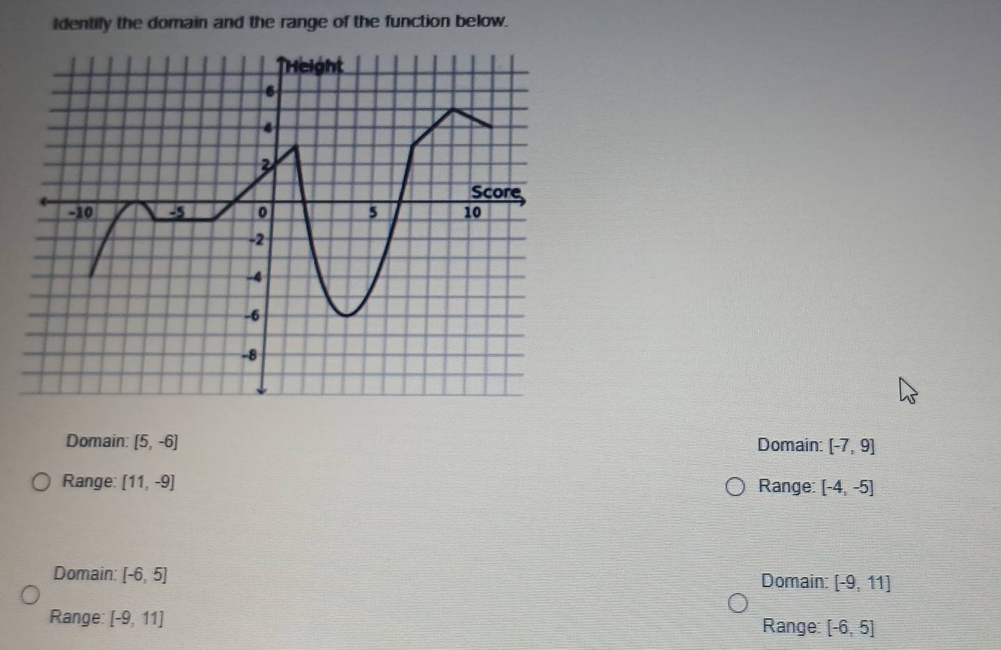 Identify the domain and the range of the function below.
Domain: [5,-6] Domain: [-7,9]
Range: [11,-9] Range: [-4,-5]
Domain: [-6,5] Domain: [-9,11]
Range: [-9,11]
Range: [-6,5]