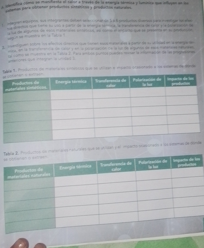 Identifica cómo se manifiesta el calor a través de la energía térmica y lumínica que influyen en los 
sistemas para obtener productos sintéticos y productos naturales. 
1. Integran equipos, sus integrantes deben seleccionar de 5 à 8 productos diversos para invesigar los afeo 
sos directos que tiene su uso a partir de la energía térmica, la transferencia de caldr y la polarización de 
la luz de algunos de esos materiales sintéticos, así corrio el impacto que se presenta en su producción, 
según se muestra en la Tabla 1. 
2. Investiguen sobre los efectos directos que tierien esos materiales a partir de su utilidad en la energía rán 
mica, en la transferencia de calor y en la polarización de la luz de aligunos de esos materiales naturales. 
tal como se muestra en la Tabla 2. Para ambos puntos puedes revisar la información de las prograsiones 
anteriores que integran la unidad 3. 
Tabla 1, Productos de materiales sintéticos que se utilizan e impacto ocasionado a los sistemas de dóride 
s 
ateriales naturales que se utilizan y el impacto ocase 
s 
s