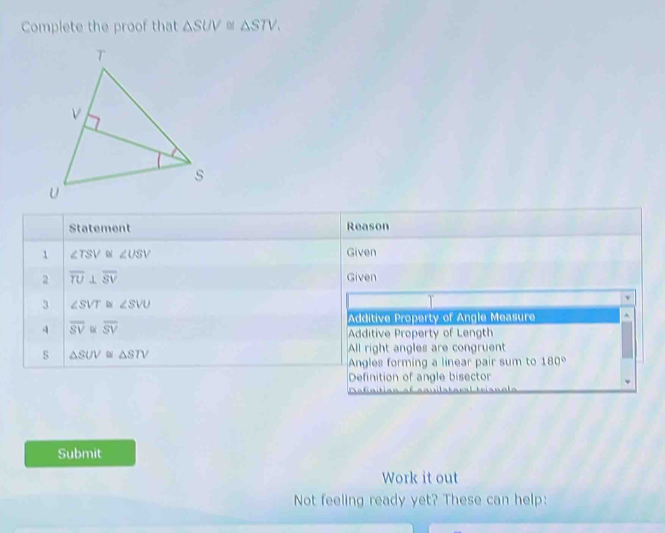 Solved: Complete the proof that SUV≌ STV. Statement Reason 1 ∠ TSV ∠ ...