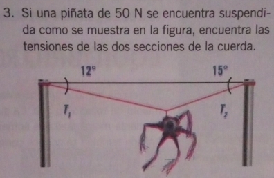 Si una piñata de 50 N se encuentra suspendi-
da como se muestra en la figura, encuentra las
tensiones de las dos secciones de la cuerda.