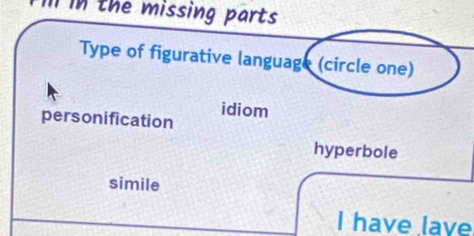 in the missing parts 
Type of figurative language (circle one)
idiom
personification
hyperbole
simile
I have lave