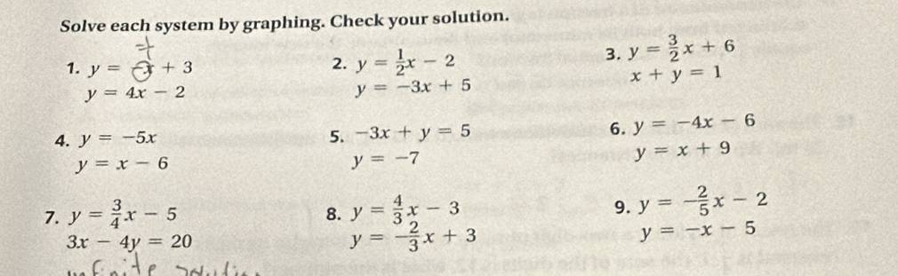 Solve each system by graphing. Check your solution. 
3. y= 3/2 x+6
1. y=-x+3
2. y= 1/2 x-2
x+y=1
y=4x-2
y=-3x+5
4. y=-5x 5. -3x+y=5
6. y=-4x-6
y=x-6
y=-7
y=x+9
7. y= 3/4 x-5
8. y= 4/3 x-3
9. y=- 2/5 x-2
3x-4y=20
y=- 2/3 x+3
y=-x-5