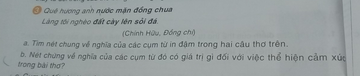 Quê hương anh nước mặn đồng chua 
Làng tôi nghèo đất cày lên sỏi đá. 
(Chính Hữu, Đồng chí) 
a. Tìm nét chung về nghĩa của các cụm từ in đậm trong hai câu thơ trên. 
b. Nét chùng về nghĩa của các cụm từ đó có giá trị gì đối với việc thể hiện cảm xúc 
trong bài thơ?