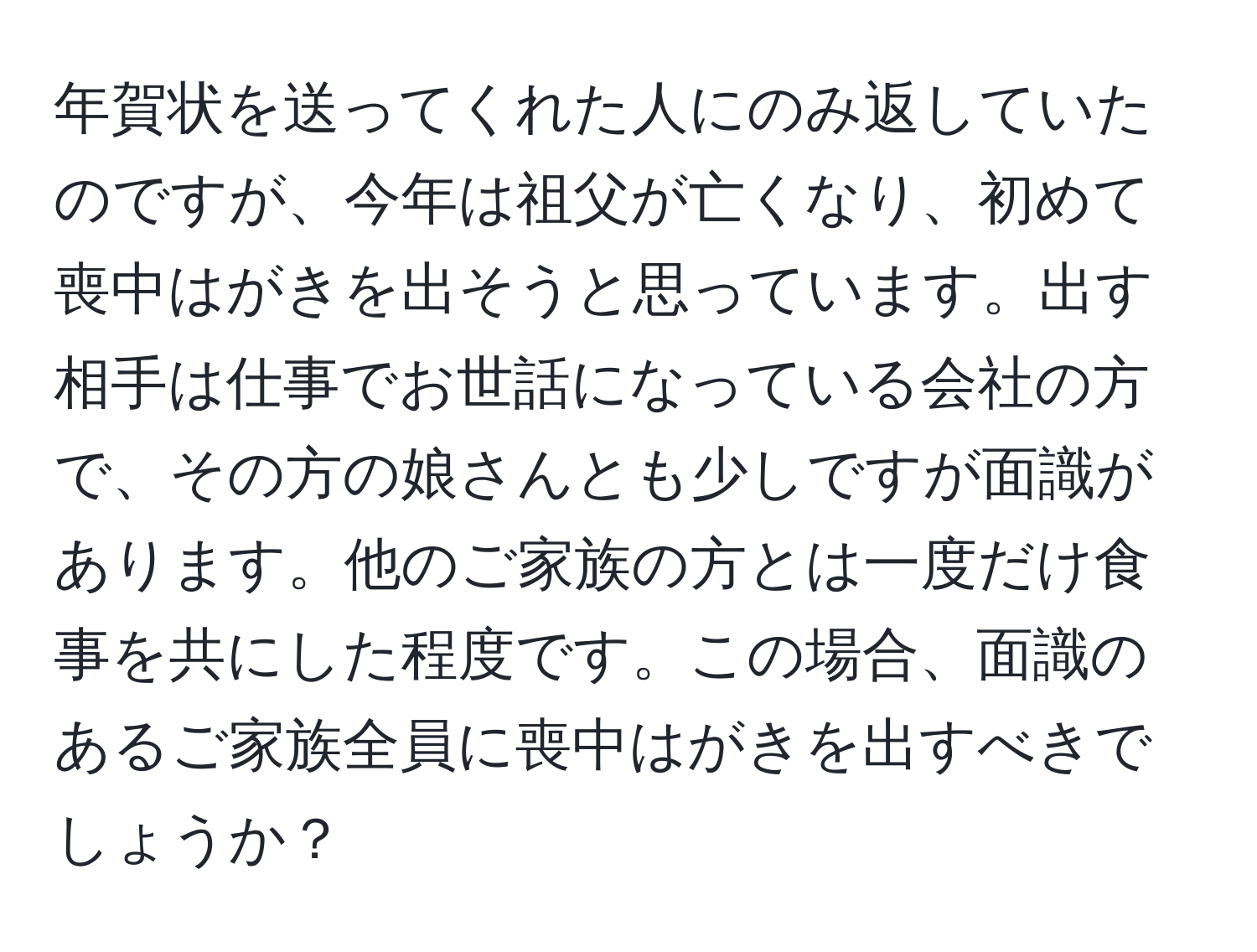 年賀状を送ってくれた人にのみ返していたのですが、今年は祖父が亡くなり、初めて喪中はがきを出そうと思っています。出す相手は仕事でお世話になっている会社の方で、その方の娘さんとも少しですが面識があります。他のご家族の方とは一度だけ食事を共にした程度です。この場合、面識のあるご家族全員に喪中はがきを出すべきでしょうか？