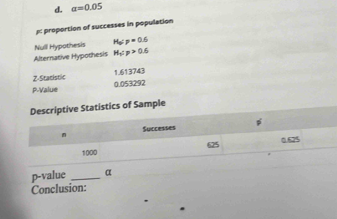 d. alpha =0.05
p: proportion of successes in population
Null Hypothesis H_0:p=0.6
Alternative Hypothesis H_1:p>0.6
Z-Statistic 1.613743
P-Value 0.053292
Descriptive Statistics of Sample
Successes
n
0.625
625
1000
#
p-value_
α
Conclusion: