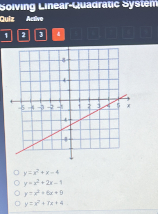 Solving Linear-Quadratic System
Quiz Active
1 2 3 4 5 6 7 B
y=x^2+x-4
y=x^2+2x-1
y=x^2+6x+9
y=x^2+7x+4