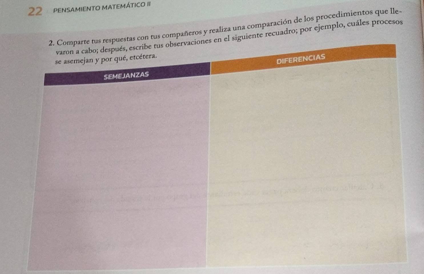 PENSAMIENTO MATEMÁTICO II 
pañeros y realiza una comparación de los procedimientos que lle- 
recuadro; por ejemplo, cuáles procesos