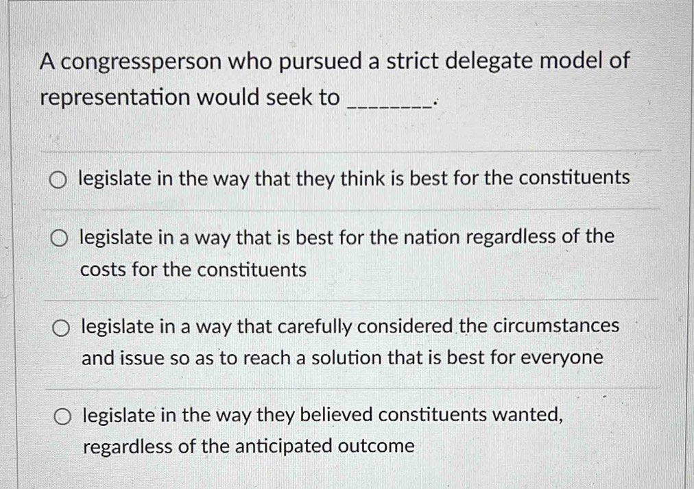 Solved: A congressperson who pursued a strict delegate model of ...