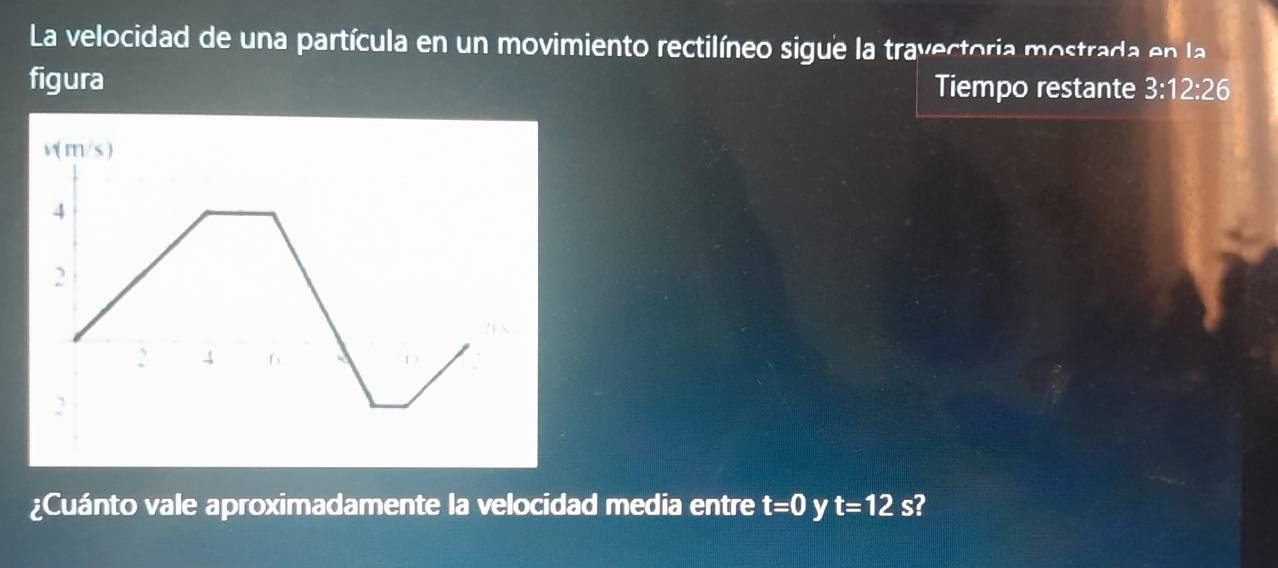 La velocidad de una partícula en un movimiento rectilíneo sigue la travectoria mostrada en la 
figura Tiempo restante 3:12:26
¿Cuánto vale aproximadamente la velocidad media entre t=0 y t=12 s?