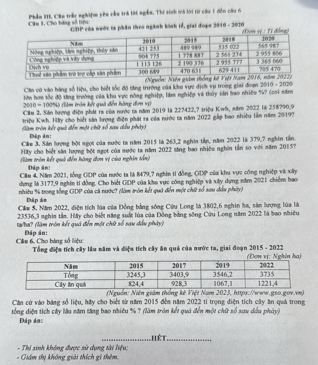 Phần III. Câu trắc nghiệm yêu cầu trả lời ngắn. Thí sinh trá lời từ câu 1 đến cầu 6
Câu 1. Cho bảng số liệu:
GDP của nước ta phân theo ngành kinh tế, giai đoạn 2010-2020
Tỉ đồng)
Căn cử vào bảng số liệu, cho biết tốc độ tăng trưởng của khu vực dịch vụ trong giai đoạn 2010 - 2020
lớn hơn tốc độ tăng trưởng của khu vực nông nghiệp, lâm nghiệp và thủy sản bao nhiêu %? (coi năm
2010=100% ) (làm tròn kết quả đến hàng đơn vị)
Câu 2. Sản lượng điện phát ra của nước ta năm 2019 là 227422,7 triệu Kwh, năm 2022 là 258790,9
triệu Kwh. Hãy cho biết sản lượng điện phát ra của nước ta năm 2022 gấp bao nhiêu lần năm 2019?
(làm tròn kết quả đến một chữ số sau dấu phảy)
Đáp án:
Câu 3. Sản lượng bột ngọt của nước ta năm 2015 là 263,2 nghìn tấn, năm 2022 là 379,7 nghìn tấn.
Hãy cho biết sản lượng bột ngọt của nước ta năm 2022 tăng bao nhiêu nghìn tấn so với năm 2015?
(làm tròn kết quả đến hàng đơn vị của nghìn tấn)
Đáp án:
Cầu 4. Năm 2021, tổng GDP của nước ta là 8479,7 nghìn tỉ đồng, GDP của khu vực công nghiệp và xây
dựng là 3177,9 nghìn tỉ đồng. Cho biết GDP của khu vực công nghiệp và xây dựng năm 2021 chiếm bao
nhiêu % trong tổng GDP của cả nước? (làm tròn kết quả đến một chữ số sau dấu phảy)
Đáp án
Cầu 5. Năm 2022, diện tích lúa của Đồng bằng sông Cửu Long là 3802,6 nghìn ha, sản lượng lúa là
23536,3 nghìn tần. Hãy cho biết năng suất lúa của Đồng bằng sông Cửu Long năm 2022 là bao nhiêu
tạ/ha? (làm tròn kết quả đến một chữ số sau dấu phảy)
Đáp án:
Câu 6. Cho bảng số liệu:
Tổng diện tích cây lâu năm và diện tích cây ăn quả của nước ta, giai đoạn 2015 - 2022
vị: Nghìn ha)
(Nguồn: Niên giám thống kê Việt Nam 2023, https://www.gso.gov.vn)
Căn cứ vào bảng số liệu, hãy cho biết từ năm 2015 đến năm 2022 tỉ trọng diện tích cây ăn quả trong
tổng diện tích cây lâu năm tăng bao nhiêu % ? (làm tròn kết quả đến một chữ số sau dấu phảy)
Đáp án:
_Hét_
-  Thí sinh không được sử dụng tài liệu;
- Giám thị không giải thích gì thêm.