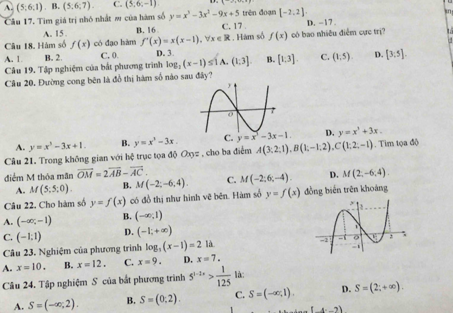 A. (5;6;1).B.(5;6;7). C. (5;6;-1). (-2,0
Câu 17. Tìm giá trị nhỏ nhất m của hàm số y=x^3-3x^2-9x+5 trên đoạn [-2,2].
in
A. 15 . B. 16 C. 17 . D. −17 .
Câu 18. Hàm số f(x) có đạo hàm f'(x)=x(x-1),forall x∈ R. Hàm số f(x) có bao nhiêu điểm cực trị?
tá
d
A. 1. B. 2. C. 0 D. 3.
Câu 19. Tập nghiệm của bất phương trình log _2(x-1)≤ 1A.(1;3]. B. [1:3]. C. (1;5). D. [3;5].
Câu 20. Đường cong bên là đồ thị hàm số nảo sau đây?
A. y=x^3-3x+1. B. y=x^3-3x. y=x^3-3x-1. D. y=x^3+3x.
Câu 21. Trong không gian với hệ trục tọa độ Oxyz , cho ba điểm A(3;2;1),B(1;-1;2),C(1;2;-1).  Tìm tọa độ
điểm M thỏa mãn vector OM=2vector AB-vector AC. M(2;-6;4).
A. M(5;5;0). B. M(-2;-6;4). C. M(-2;6;-4). D.
Câu 22. Cho hàm số y=f(x) có đồ thị như hình vẽ bên. Hàm số y=f(x) đồng biến trên khoảng
A. (-∈fty ;-1)
B. (-∈fty ;1)
D. (-1;+∈fty )
C. (-1;1)
Câu 23. Nghiệm của phương trình log _3(x-1)=2 là
A. x=10. B. x=12. C. x=9. D. x=7.
Câu 24. Tập nghiệm S của bất phương trình 5^(1-2x)> 1/125  là:
A. S=(-∈fty ;2). B. S=(0;2). C. S=(-∈fty ;1). D. S=(2;+∈fty ).
[-4· -2)