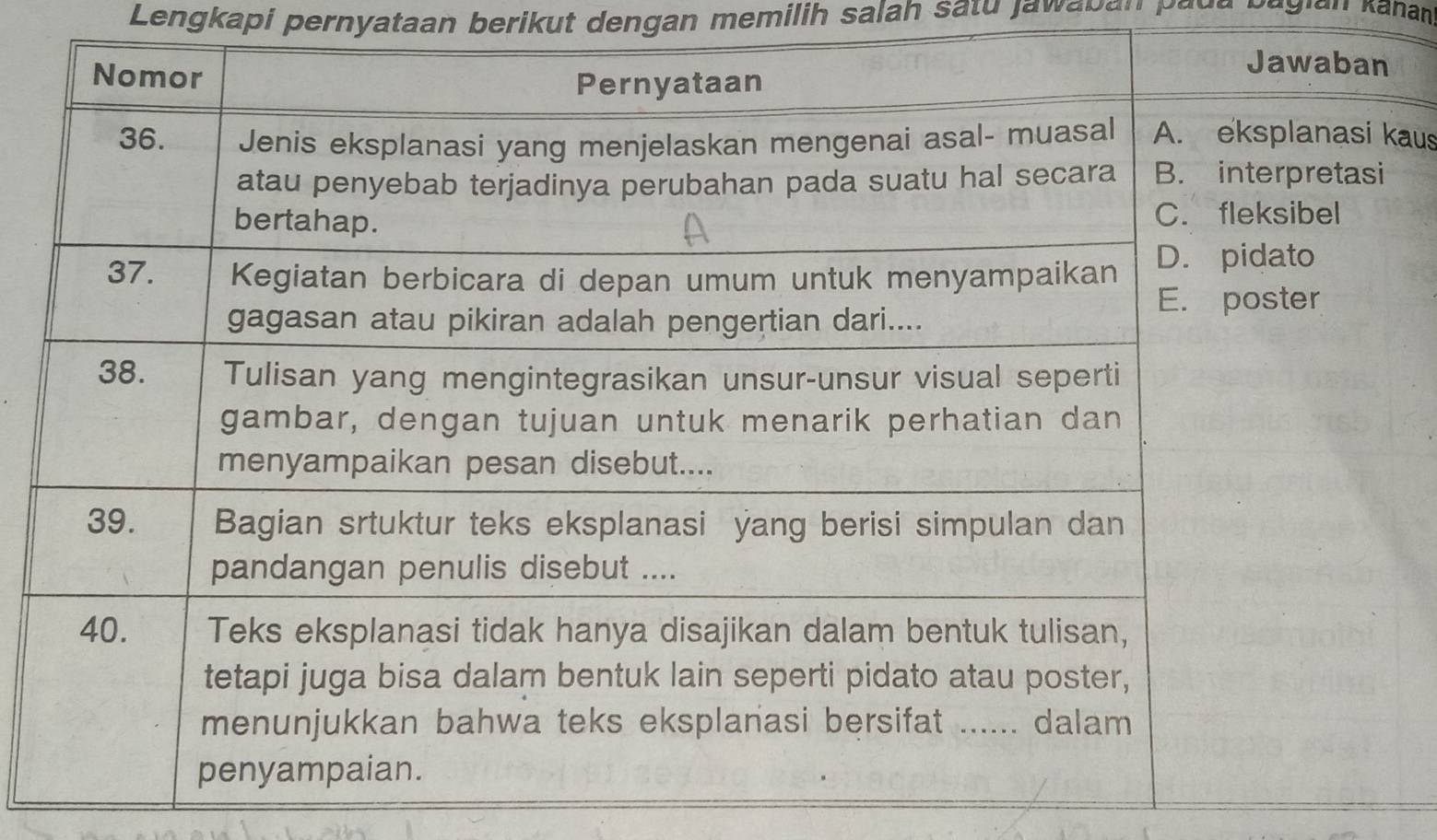 Lengkapi pernyataan berikut dengan memilih salah satu jawaban pada bagian kanan 
aus