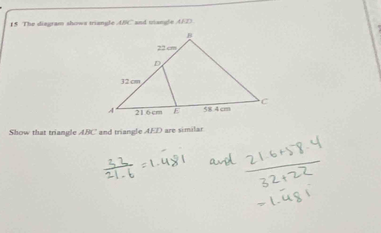Solved: The diagram shows triangle ABC and tiangle AED Show that ...
