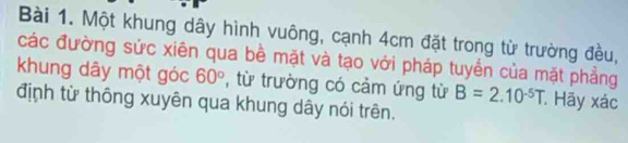 Một khung dây hình vuông, cạnh 4cm đặt trong từ trường đều, 
các đường sức xiên qua bề mặt và tạo với pháp tuyển của mặt phẳng 
khung dây một góc 60° , từ trường có cảm ứng từ B=2.10^(-5)T. Hãy xác 
định từ thông xuyên qua khung dây nói trên.