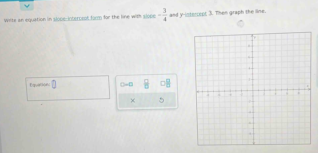 Write an equation in slope-intercept form for the line with slope - 3/4  and y-intercept 3. Then graph the line. 
Equation: □ =□  □ /□   □  □ /□  
×