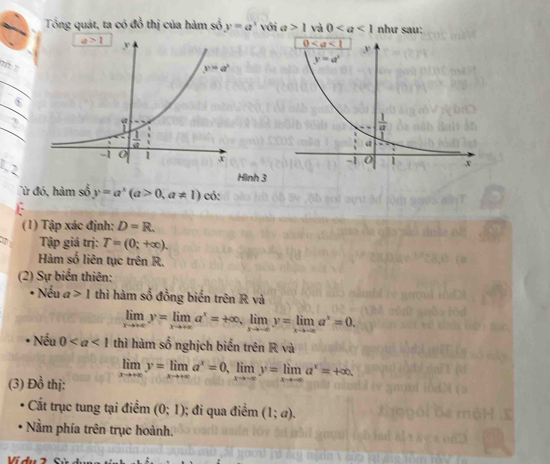 Tổng quát, ta có đồ thị của hàm số y=a^x với a>1 và 0 như sau:
_
_
_
 
Hình 3
Cừ đó, hàm số y=a^x(a>0,a!= 1) có:
F-
(1) Tập xác định: D=R.
Tập giá trị: T=(0;+∈fty ).
Hàm số liên tục trên R.
(2) Sự biến thiên:
Nếu a>1 thì hàm số đồng biến trên R và
limlimits _xto +∈fty y=limlimits _xto +∈fty a^x=+∈fty ,limlimits _xto -∈fty y=limlimits _xto -∈fty a^x=0.
Nếu 0 thì hàm số nghịch biến trên R và
(3) Đồ thị:
limlimits _xto +∈fty y=limlimits _xto +∈fty a^x=0,limlimits _xto -∈fty y=limlimits _xto -∈fty a^x=+∈fty .
Cất trục tung tại điểm (0;1); đi qua điểm (1;a).
Nằm phía trên trục hoành.
Ví du