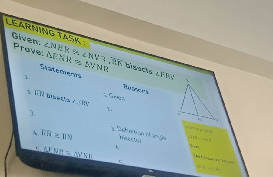 LEARNING TASK : 
Prove: △ ENR≌ △ VNR
Given: ∠ NER≌ ∠ NVR, overline RN bisects 
1.
∠ ERV
Statements Reasons 
2 overline RN bisects ∠ ERV
1. Given 
3. 
2. 
Relaxive progerte 
4. overline RN≌ overline RN
3. Definition of angle Given 
bisector
∠ NER≌ ∠ NFK
5 △ ENR≌ △ VNR 4. 
AAS Conguence Théoram 
S
∠ XBE=∠ XEx