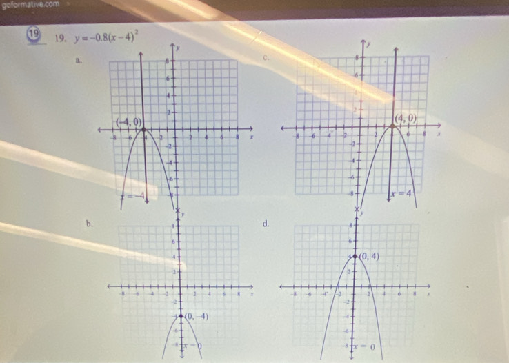 goformative.com
⑲ 19. y=-0.8(x-4)^2
a.
c.
 
b.
d.