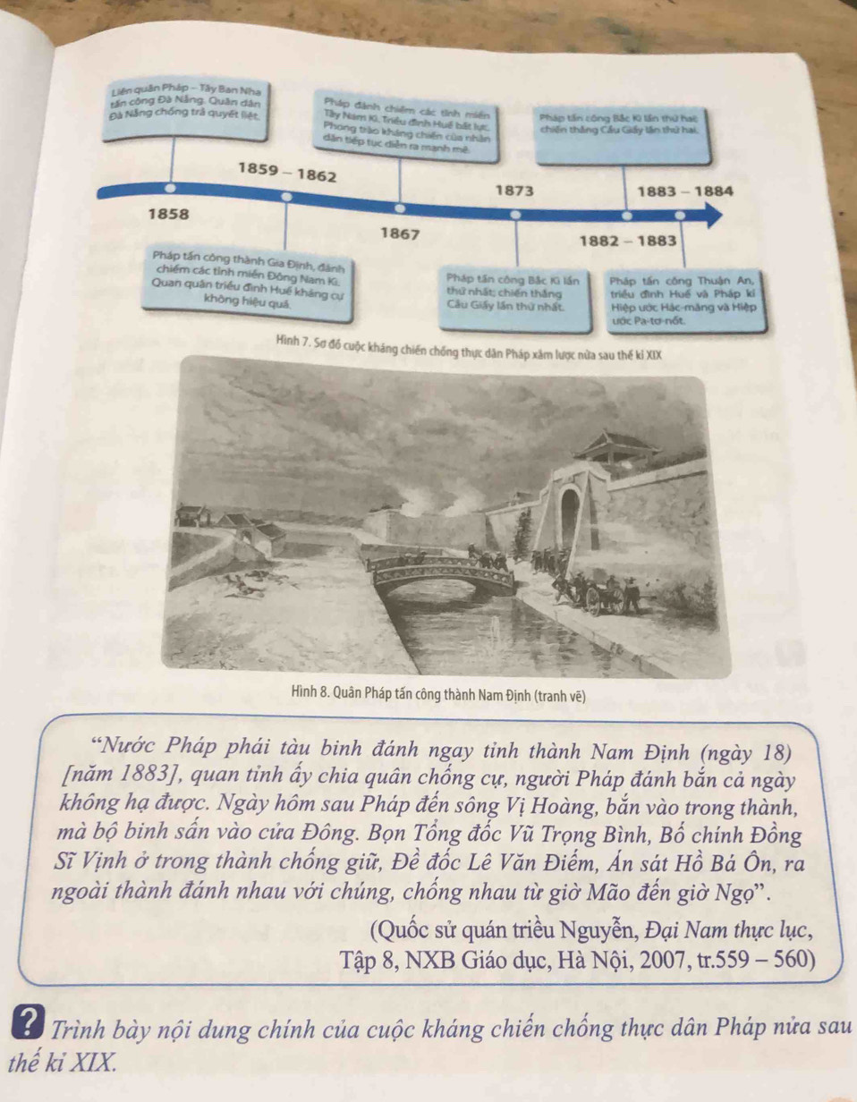 Liên quân Pháp - Tây Ban Nha
tăn công Đà Nẵng. Quân dân Pháp đành chiêm các tỉnh miền
Đà Nẵng chống trả quyết liệt Tây Nam K, Triều đình Huế bắt lụt. Pháp tần công Bắc K lần thứ hac
chiến thắng Cầu Giấy lần thứ hai,
Phong trào kháng chiến của nhân
dân tiếp tục diễn ra mạnh mê
1859 - 1862
1873 1883 - 1884
1858
1867 1882-1883
Pháp tấn công thành Gia Định, đánh
chiếm các tỉnh miền Đông Nam Ki.
Pháp tần công Bắc KG lần
Quan quân triều đình Huế kháng cự thứ nhất; chiến thắng Pháp tần công Thuận An,
triều đình Huế và Pháp kỉ
khòng hiệu quá
Cầu Giấy lần thứ nhất Hiệp ước Hác-măng và Hiệp
ước Pa-tơ-nốt.
Hình 7. Sơ đồ cuộc kháng chiến chống thực dân Pháp xâm lược nửa sau thế ki XIX
Hình 8. Quân Pháp tấn công thành Nam Định (tranh vẽ)
“Nước Pháp phái tàu binh đánh ngay tỉnh thành Nam Định (ngày 18)
[năm 1883], quan tỉnh ấy chia quân chống cự, người Pháp đánh bắn cả ngày
không hạ được. Ngày hôm sau Pháp đến sông Vị Hoàng, bắn vào trong thành,
mà bộ binh sấn vào cửa Đông. Bọn Tổng đốc Vũ Trọng Bình, Bố chính Đồng
Sĩ Vịnh ở trong thành chống giữ, Đề đốc Lê Văn Điếm, Án sát Hồ Bá Ôn, ra
ngoài thành đánh nhau với chúng, chống nhau từ giờ Mão đến giờ Ngọ”.
(Quốc sử quán triều Nguyễn, Đại Nam thực lục,
Tập 8, NXB Giáo dục, Hà Nội, 2007, tr.559 - 560)
? Trình bày nội dung chính của cuộc kháng chiến chống thực dân Pháp nửa sau
thế ki XIX.