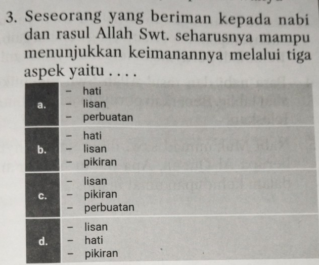 Seseorang yang beriman kepada nabi 
dan rasul Allah Swt. seharusnya mampu 
menunjukkan keimanannya melalui tiga 
aspek yaitu . . . .