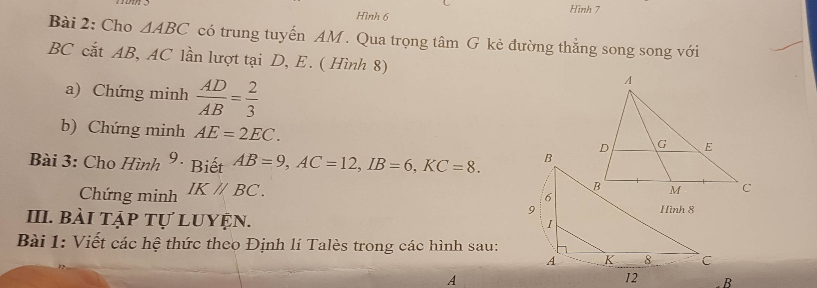 Hình 7 
Hình 6 
Bài 2: Cho △ ABC có trung tuyến AM. Qua trọng tâm G kẻ đường thẳng song song với 
BC cắt AB, AC lần lượt tại D, E. ( Hình 8) 
a) Chứng minh  AD/AB = 2/3 
b) Chứng minh AE=2EC. 
Bài 3: Cho H Tinh^(9.) Biết AB=9, AC=12, IB=6, KC=8. 
Chứng minh IK//BC. 
III. bài tập tự luyện. 
Bài 1: Viết các hệ thức theo Định lí Talès trong các hình sau:
A
12. B